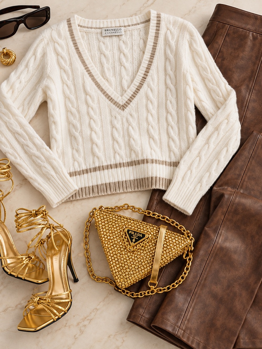 Altar'd State Cream Cable-Knit V-Neck Sweater with Taupe Trim